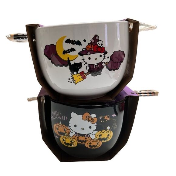 Sanrio Hello Kitty 20oz Halloween Ceramic Bowls with Chopsticks (set of 2) NEW - Picture 1 of 6
